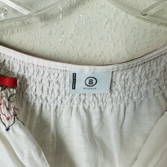 Bogner V-Neck White Floral Embroidered Sleeve Linen Boho Top Sz M B-LB - Picture 4 of 5